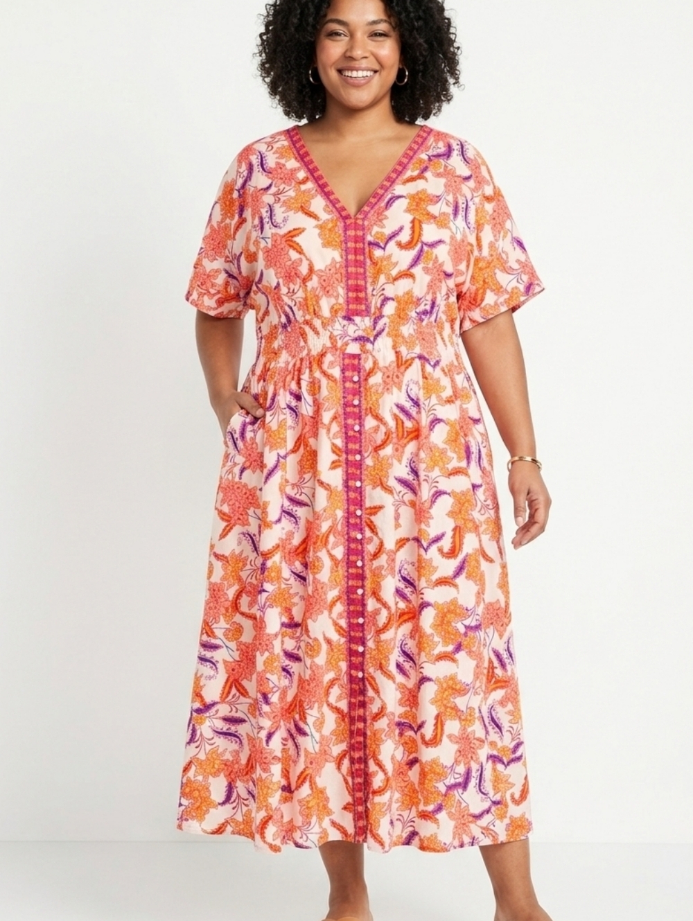 Dreams Co Plus Size Floral V-Neck Button-Front Maxi Dress in Pink and Orange